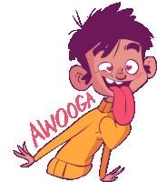 a cartoon drawing of a boy sticking his tongue out with the word awooga written below him