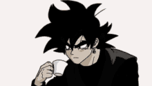 a drawing of a person with black hair holding a cup of coffee