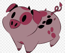 a cartoon pig with pink spots and black spots