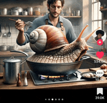 a snail is in a frying pan with a man holding a fork