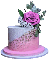 a pink and white cake with a rose on top