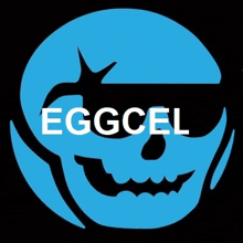 a blue skull with the word eggcel written in white