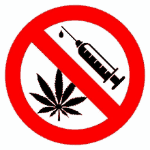 a no drugs sign with a marijuana leaf and a syringe in the middle .