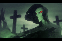 a cartoon character with red eyes is in a cemetery with crosses