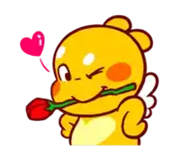 a yellow cartoon character is holding a red rose in its mouth and a heart in the background .