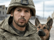 a man in a helmet stands next to a german shepherd dog