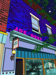 a blue brick building with a sign that says joe & beef