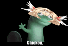 a green lizard with wings on its head and the word chicken underneath it