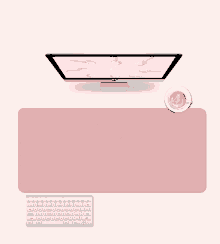 a computer monitor sits on a pink desk next to a cup of coffee