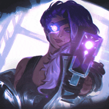 a painting of a woman with purple hair holding a gun