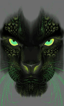 a black panther with green eyes is looking at the camera .