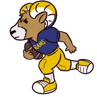 a cartoon of a ram wearing a rams jersey and running with a football