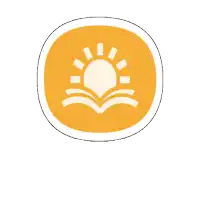 an orange circle with a sun and an open book inside