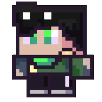 a pixel art of a girl with green eyes and black hair