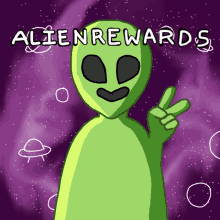 a cartoon of an alien giving a peace sign with the words alienrewards written above him