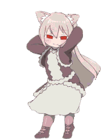 a girl with cat ears and red eyes is dancing with her hands behind her head .