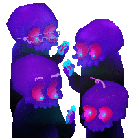 a group of purple skulls are standing next to each other holding cell phones