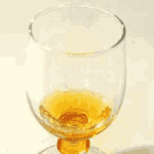 a wine glass filled with a yellow liquid on a table