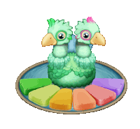 two green birds are sitting on a rainbow colored circle