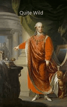 a painting of a man in a red robe standing next to a lion and a statue .