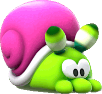 a cartoon snail with a pink shell and a green shell