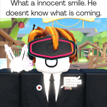 a cartoon character wearing a virtual reality headset and a roblox innovation awards shirt
