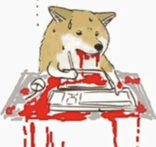 a drawing of a dog with blood on its face using a pen