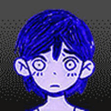 a pixel art drawing of a girl with blue hair and a sad face .