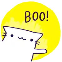 a yellow circle with a drawing of a cat and the word boo on it