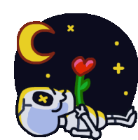 a cartoon drawing of a skeleton laying down holding a heart shaped flower