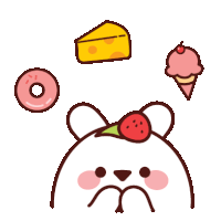 a cartoon of a mouse with a strawberry on its head surrounded by cheese donuts and ice cream