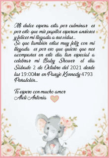 a baby shower invitation with an elephant and flowers