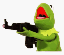 kermit the frog from the muppet show is holding a gun