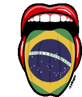 a drawing of a woman 's mouth with the brazilian flag sticking out