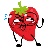 a cartoon drawing of a strawberry with arms and legs sticking out its tongue