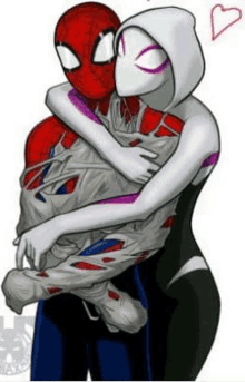 spider-man and spider-woman are hugging each other .