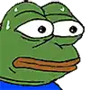 a close up of a cartoon frog with a blue shirt and a big mouth .