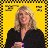 a woman is smiling in front of a yellow and black checkered background that says " your bday "