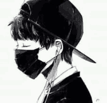 a black and white drawing of a man wearing a baseball cap and a mask .