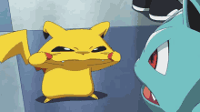 a pikachu and a bulbasaur are standing next to each other in a room