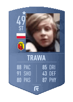 a blue card with a picture of a boy and the name trawa on it