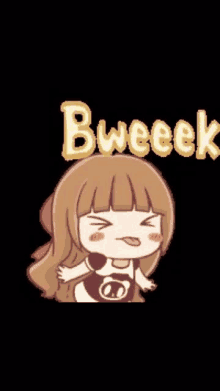 a cartoon girl with long brown hair is making a funny face and the word bwaeek is written above her .