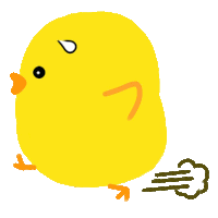 a yellow cartoon chicken with a black eye is running