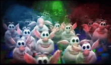 a bunch of cartoon characters are dancing together in a dark room .