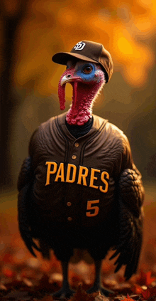 a turkey is wearing a padres baseball jersey