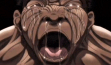 a close up of a man 's face with his mouth open and tears running down his face