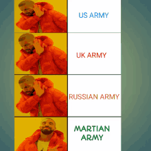 a man in an orange jacket is making a funny face with the words us army uk army russian army martian army