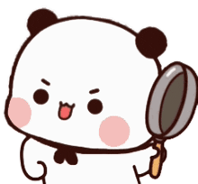 a cartoon panda is holding a pan and looking through it .