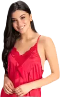 a woman in a red dress with a lace neckline smiles