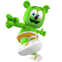 a green gummy bear wearing white shoes is pointing at the camera